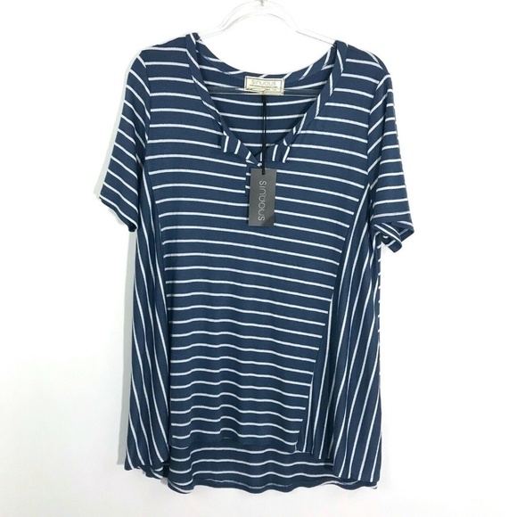 Sinuous Striped Shirt L Blue White Short Sleeve Top Blouse - Picture 1 of 5